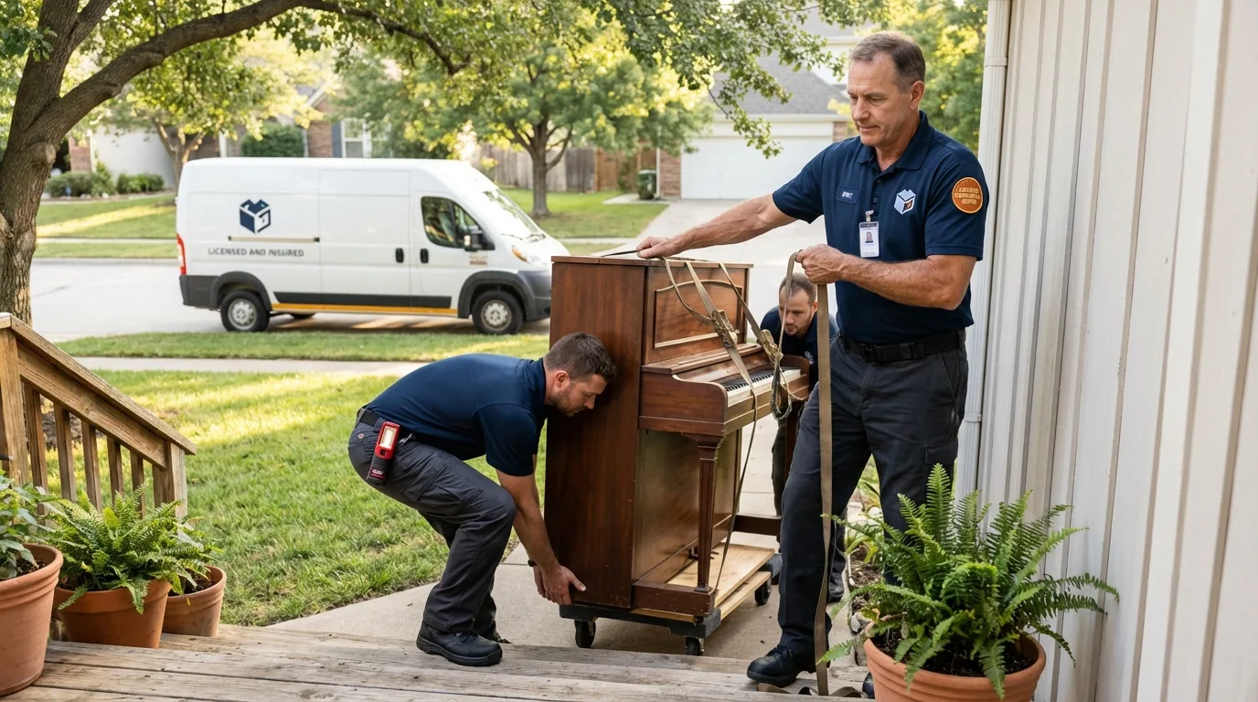 Licensed piano movers securing grand piano in Baker, MT