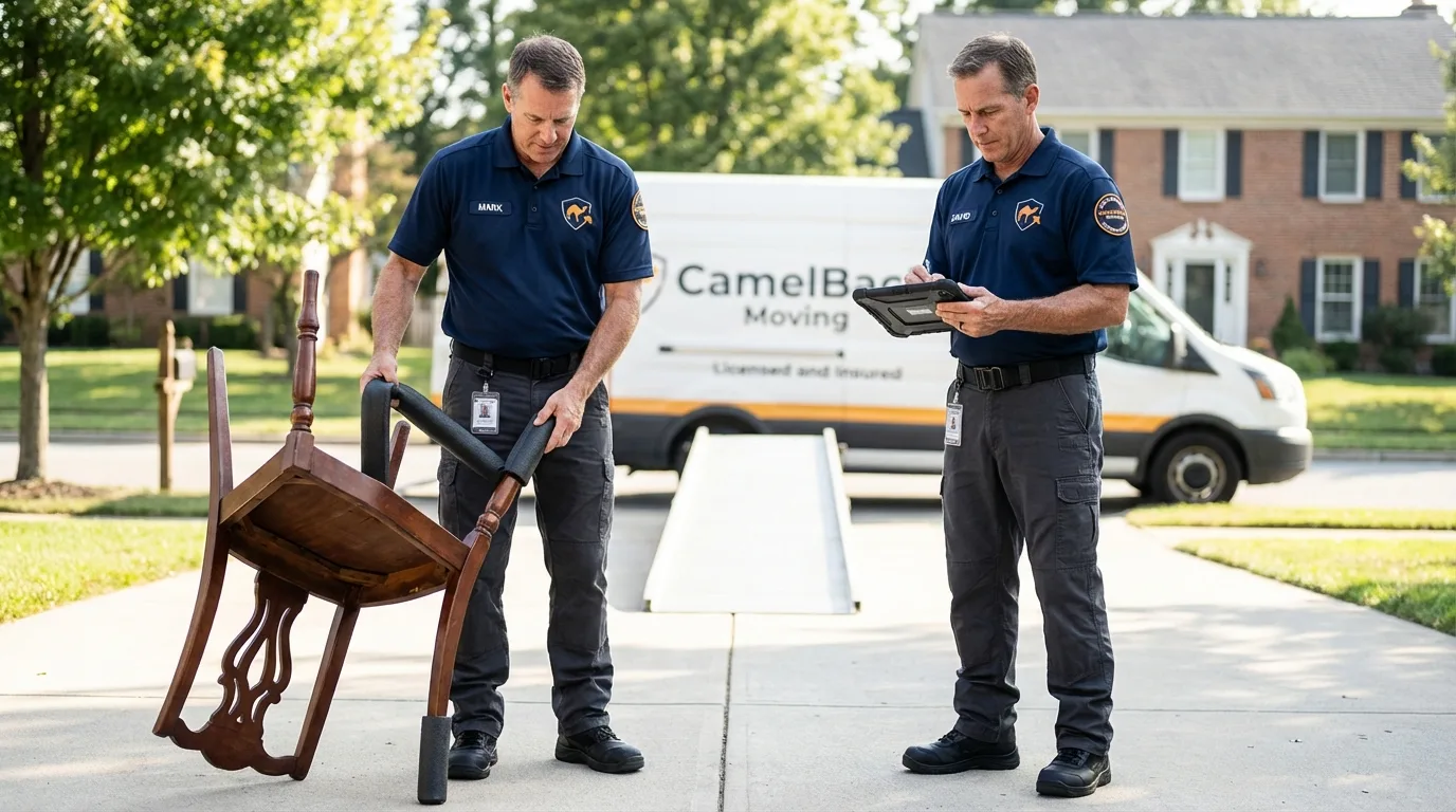 Movers inspecting furniture for damage prevention before loading in Baker, MT