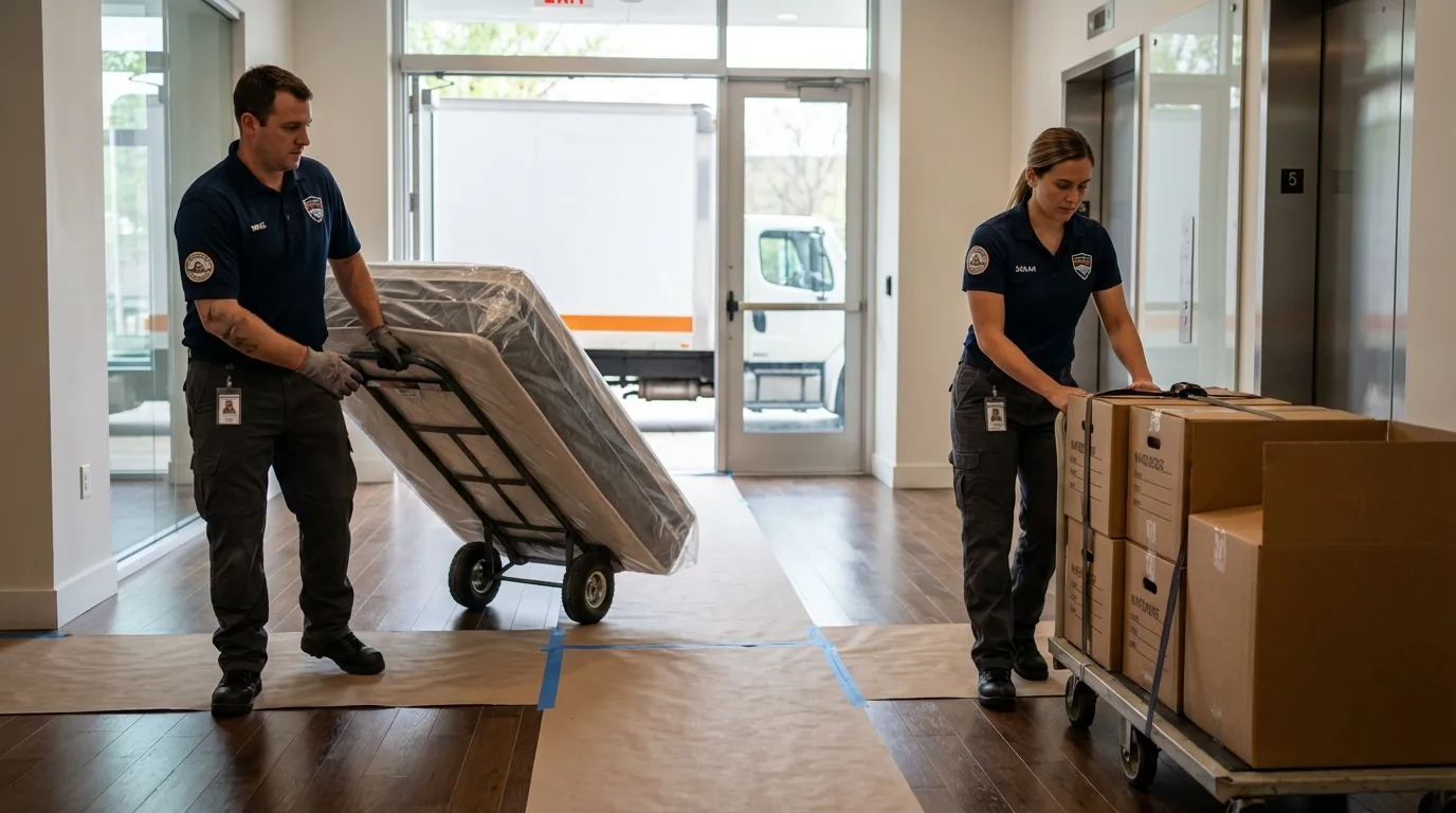 Professional apartment movers loading elevator in Baker, MT