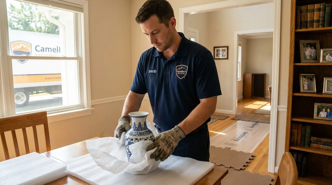 Professional crew carefully wrapping antique vase for senior downsizing move in Baker, MT